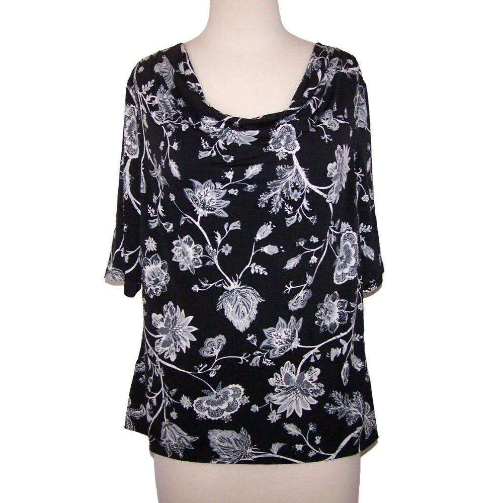 Simply Styled Shirt Top Womens XLP Cowl Neck Stretch Black White Floral Blouse